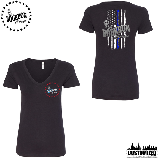 115 Bourbon Street Employee Chicago Edition Thin Blue Line Women's V-Neck - Black