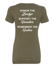 Load image into Gallery viewer, 100 Club &quot;Honor-Support-Remember&quot; Women&#39;s V-Neck Shirt - Military Green