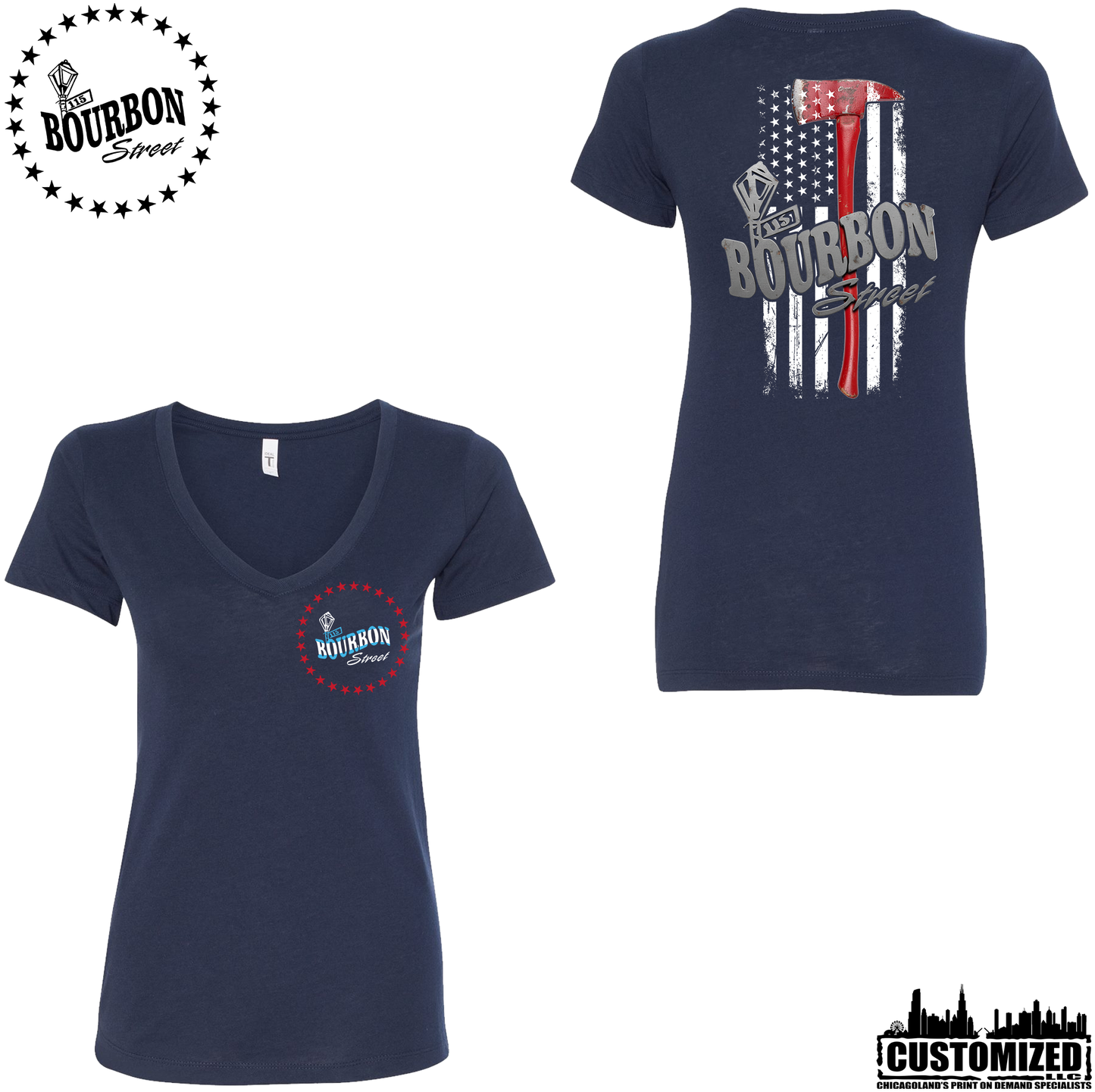 115 Bourbon Street Chicago Edition Thin Red Line Women's V-Neck - Midnight Navy
