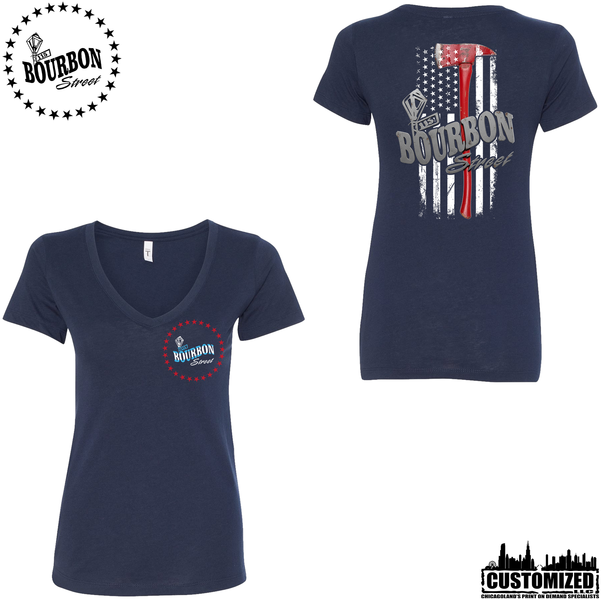 115 Bourbon Street Chicago Edition Thin Red Line Women's V-Neck - Midnight Navy