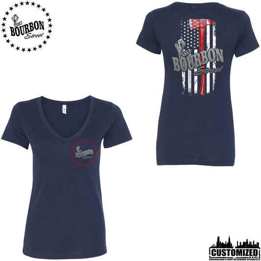 115 Bourbon Street Employee Thin Red Line Women's V-Neck - Midnight Navy