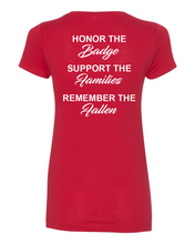 Load image into Gallery viewer, 100 Club &quot;Honor-Support-Remember&quot; Women&#39;s V-Neck Shirt - Red