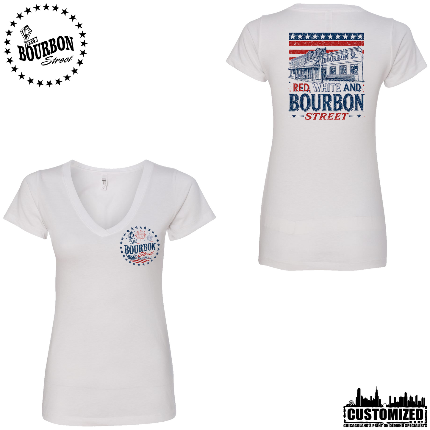 115 Bourbon Street America 250 Women's V-Neck - White