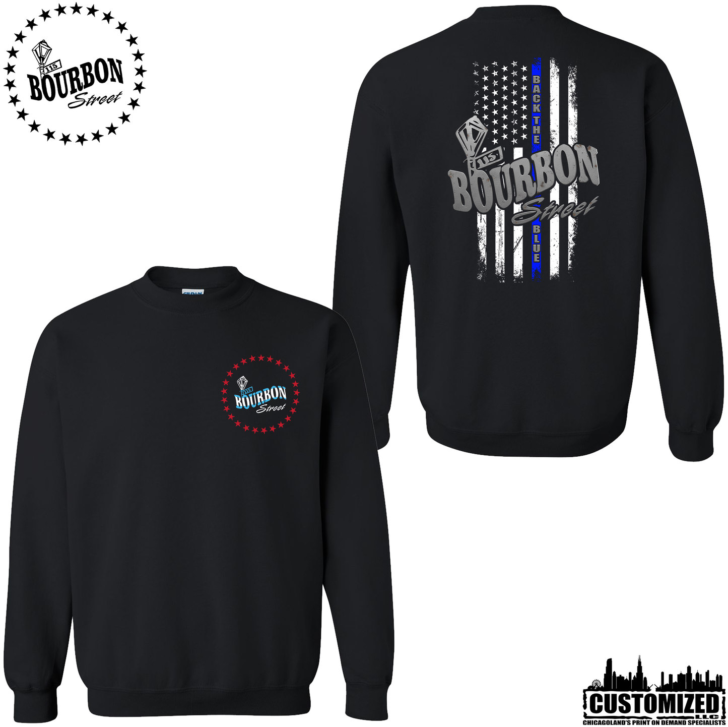 115 Bourbon Street Chicago Edition Thin Blue Line Unisex Crewneck Sweatshirt - Black
