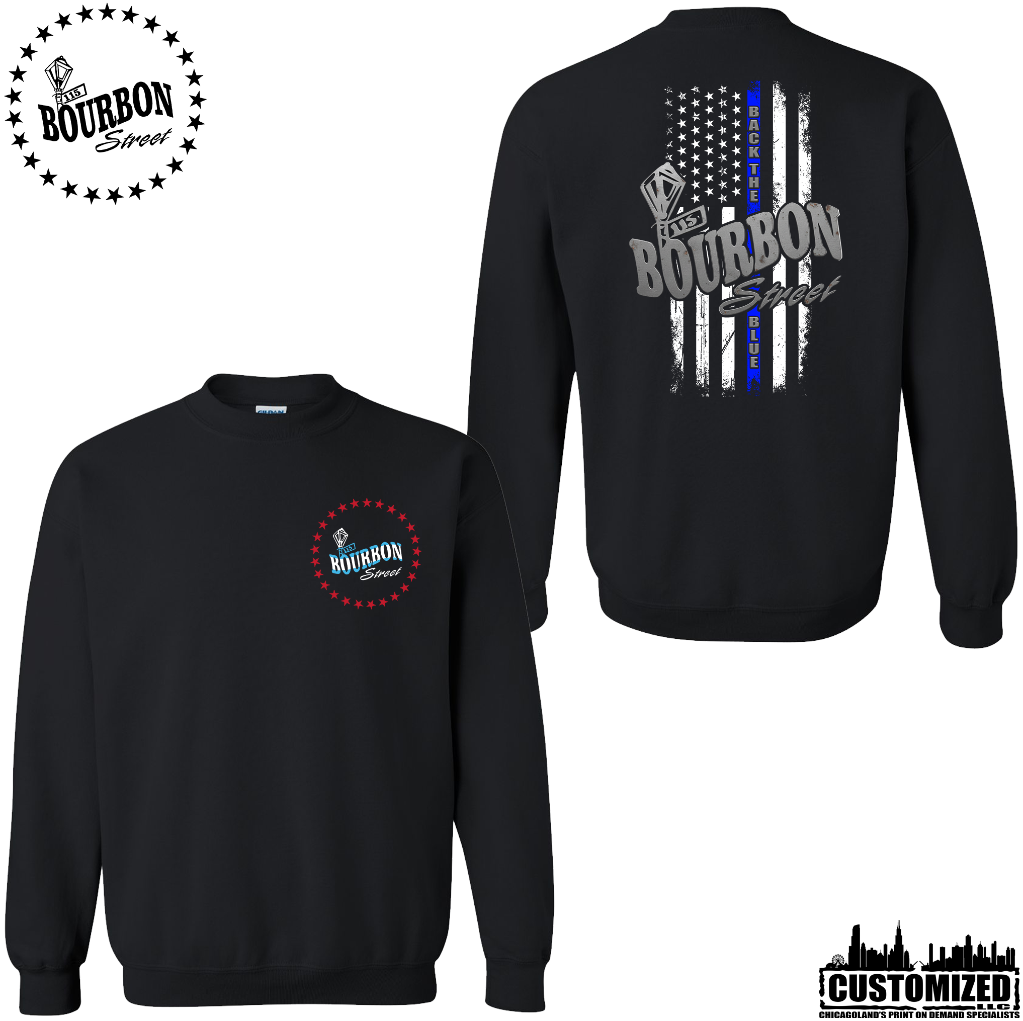 115 Bourbon Street Chicago Edition Thin Blue Line Unisex Crewneck Sweatshirt - Black