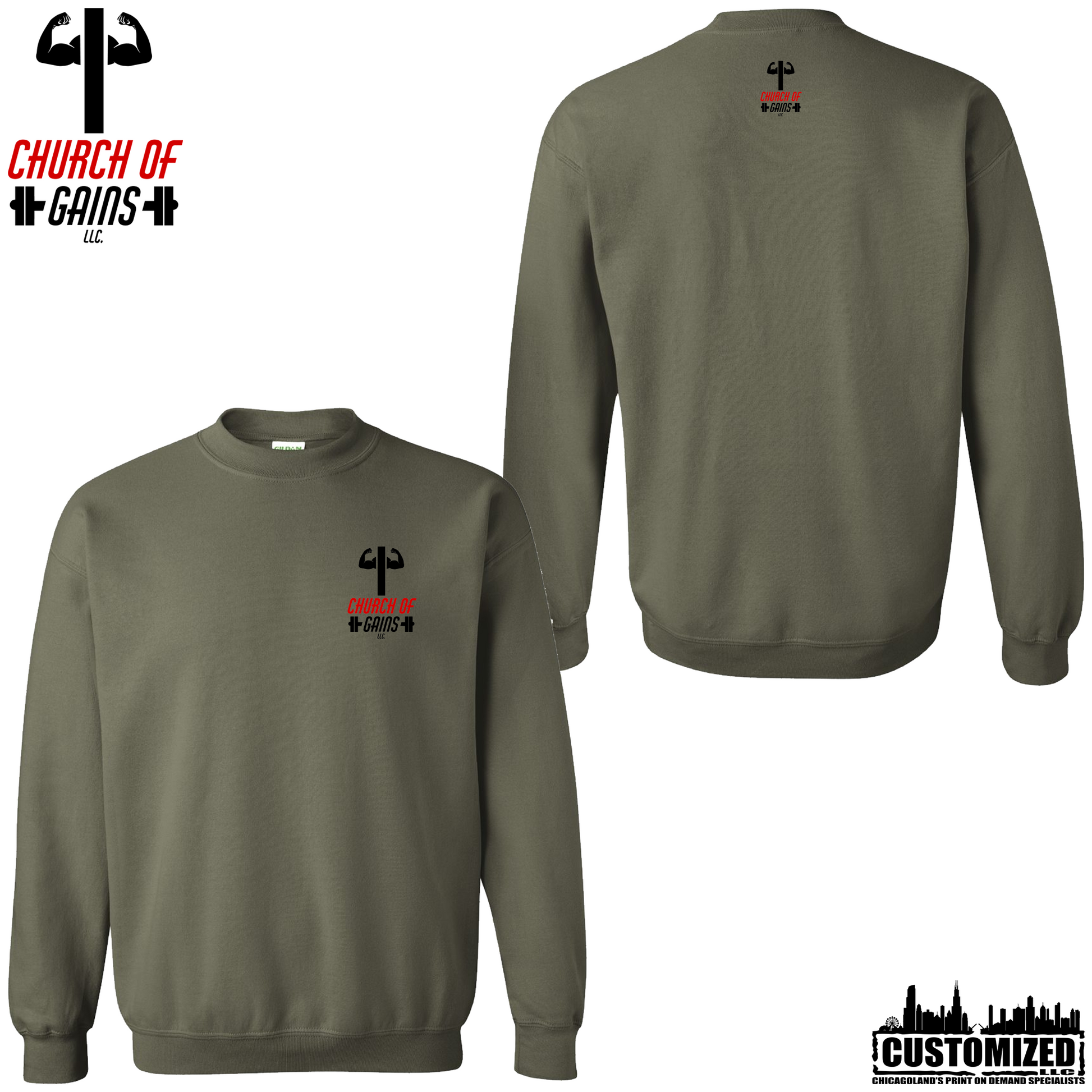 Church of Gains "OG" Style1 Crewneck Sweatshirt - Military Green (5 Print Options)