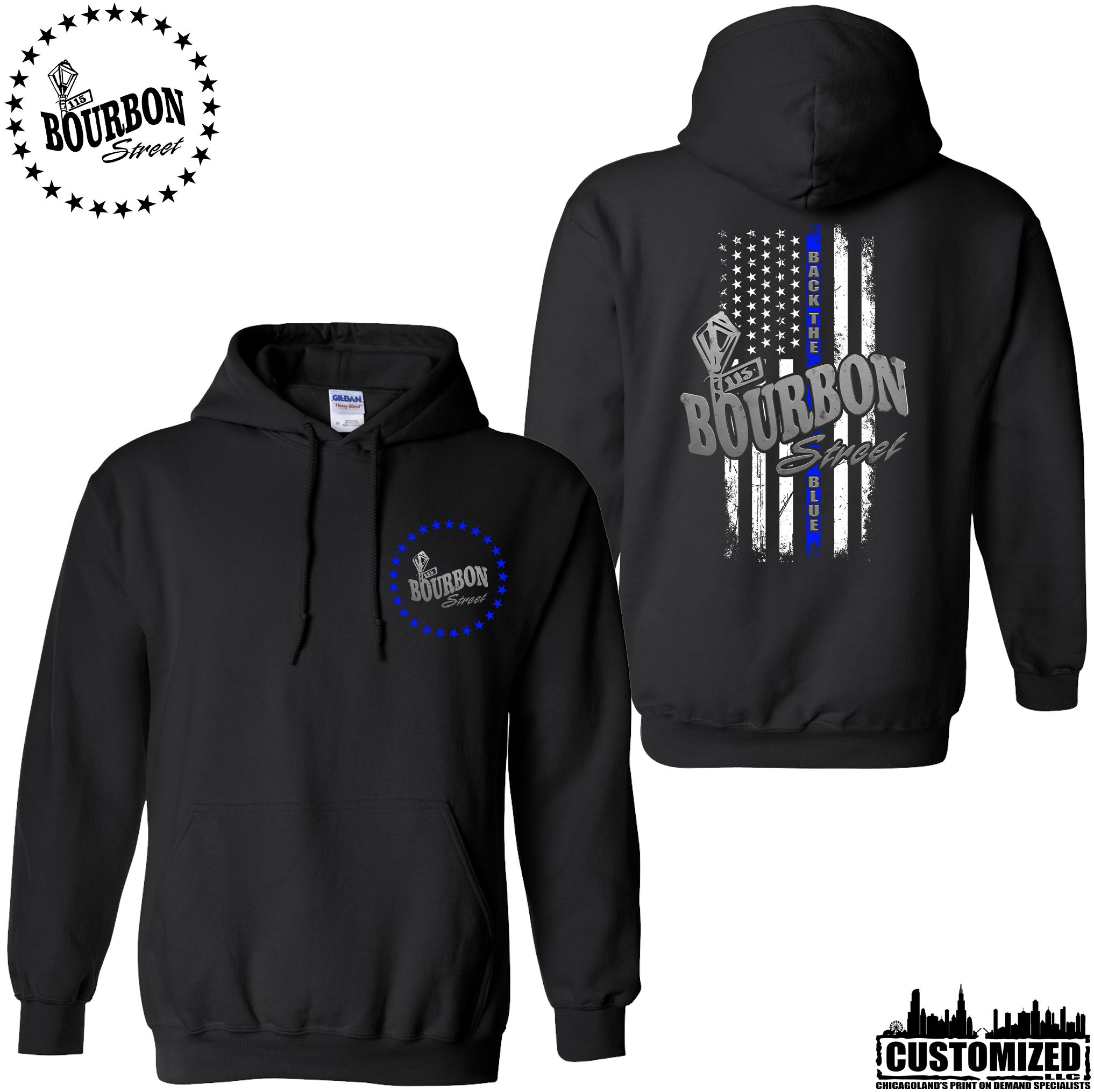 115 Bourbon Street Thin Blue Line Unisex Hooded Sweatshirt - Black