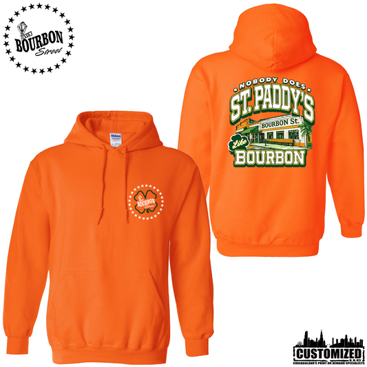 115 Bourbon Street St. Patrick's Day Unisex Hooded Sweatshirt - Safety Orange