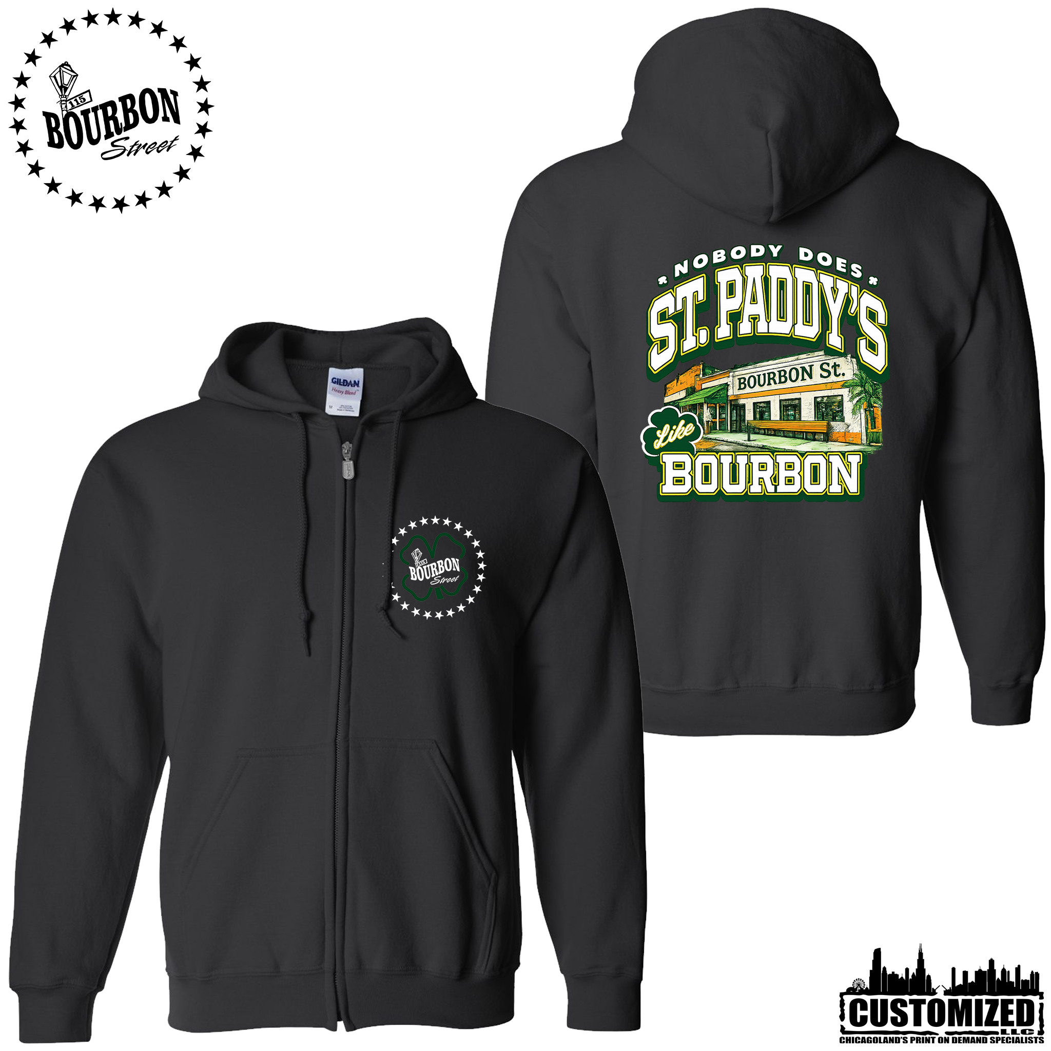 115 Bourbon Street St. Patrick's Day Unisex Full Zip Hoodie - Black