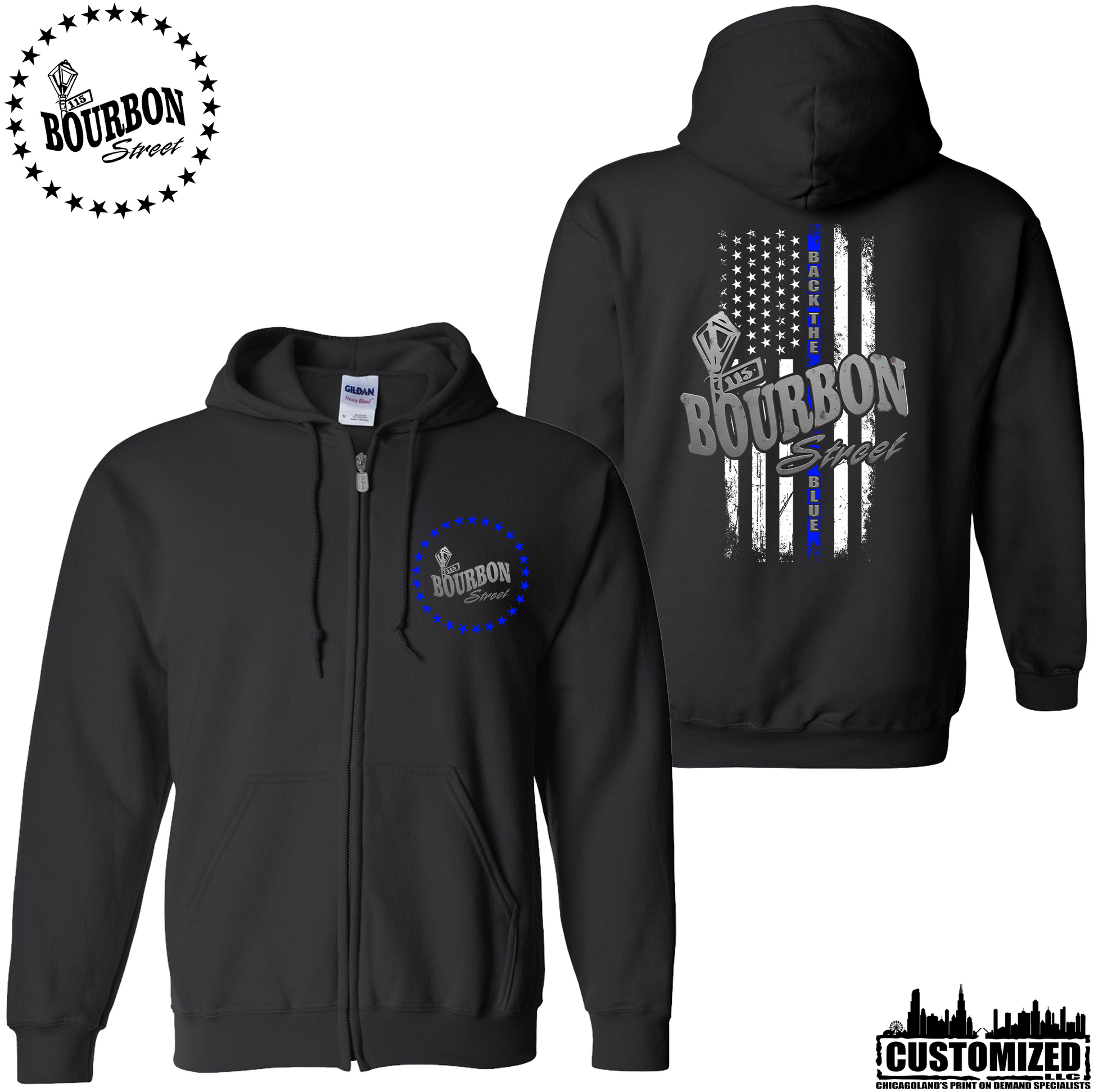 115 Bourbon Street Thin Blue Line Unisex Full Zip Hoodie - Black
