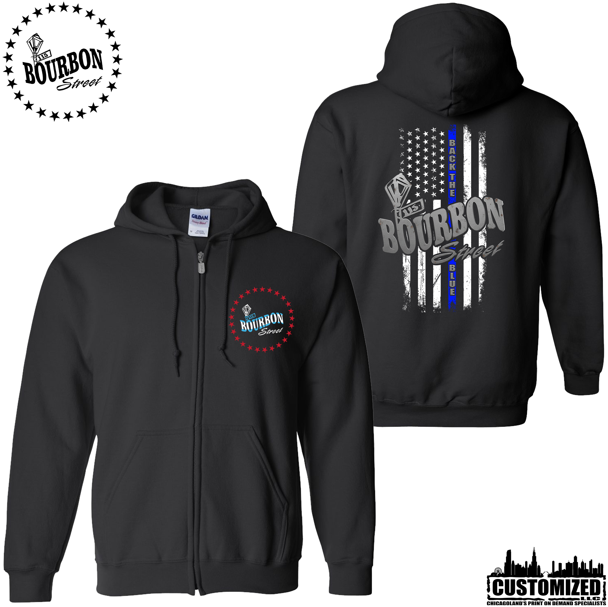 115 Bourbon Street Chicago Edition Thin Blue Line Unisex Full Zip Hoodie - Black