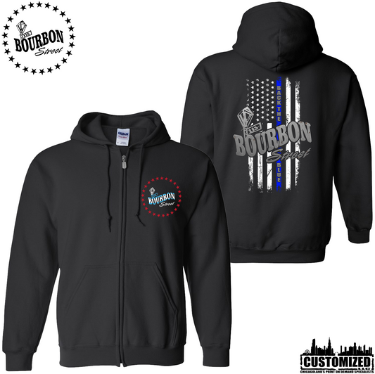 115 Bourbon Street Employee Chicago Edition Thin Blue Line Unisex Full Zip Hoodie - Black