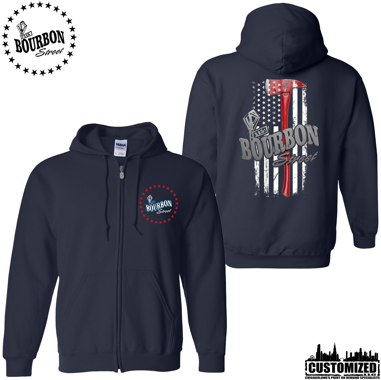 115 Bourbon Street Chicago Edition Thin Red Line Unisex Full Zip Hoodie - Navy