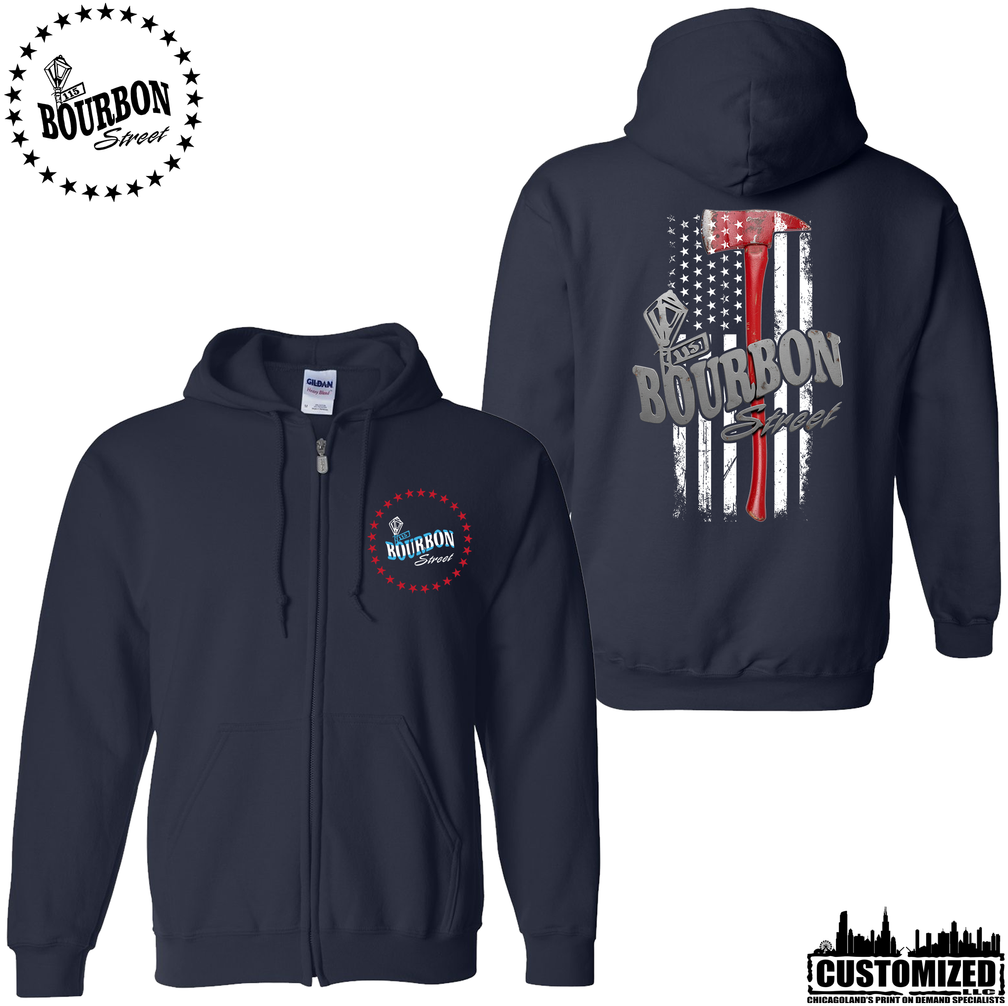 115 Bourbon Street Chicago Edition Thin Red Line Unisex Full Zip Hoodie - Navy