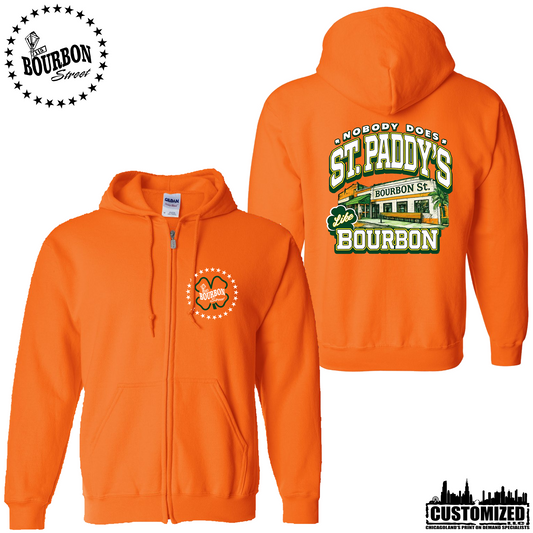 115 Bourbon Street Employee St. Patrick's Day Unisex Full Zip Hoodie - Safety Orange