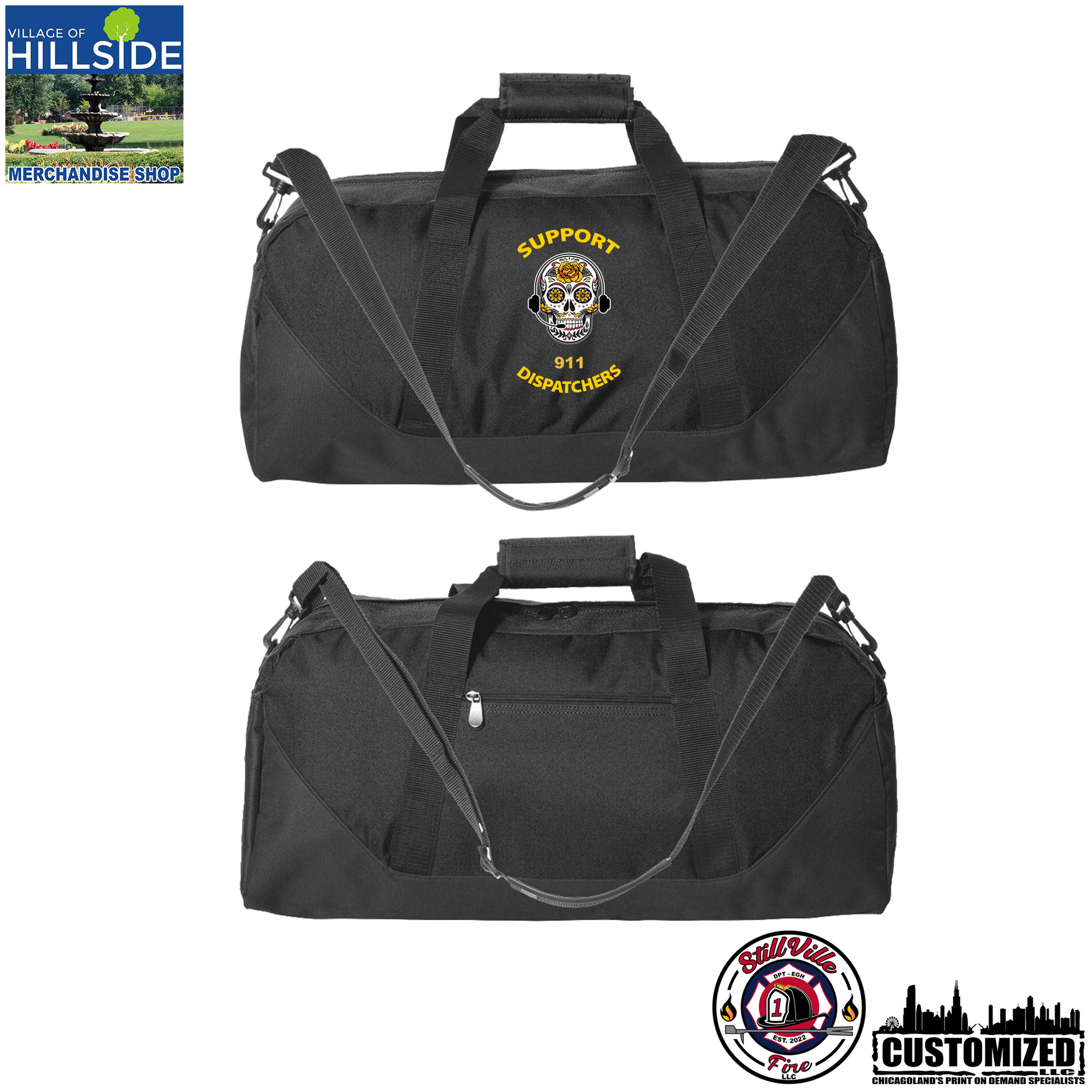 Village of Hillside "Support 911 Dispatchers" 22.5in. Duffle Bag Style2 - Black