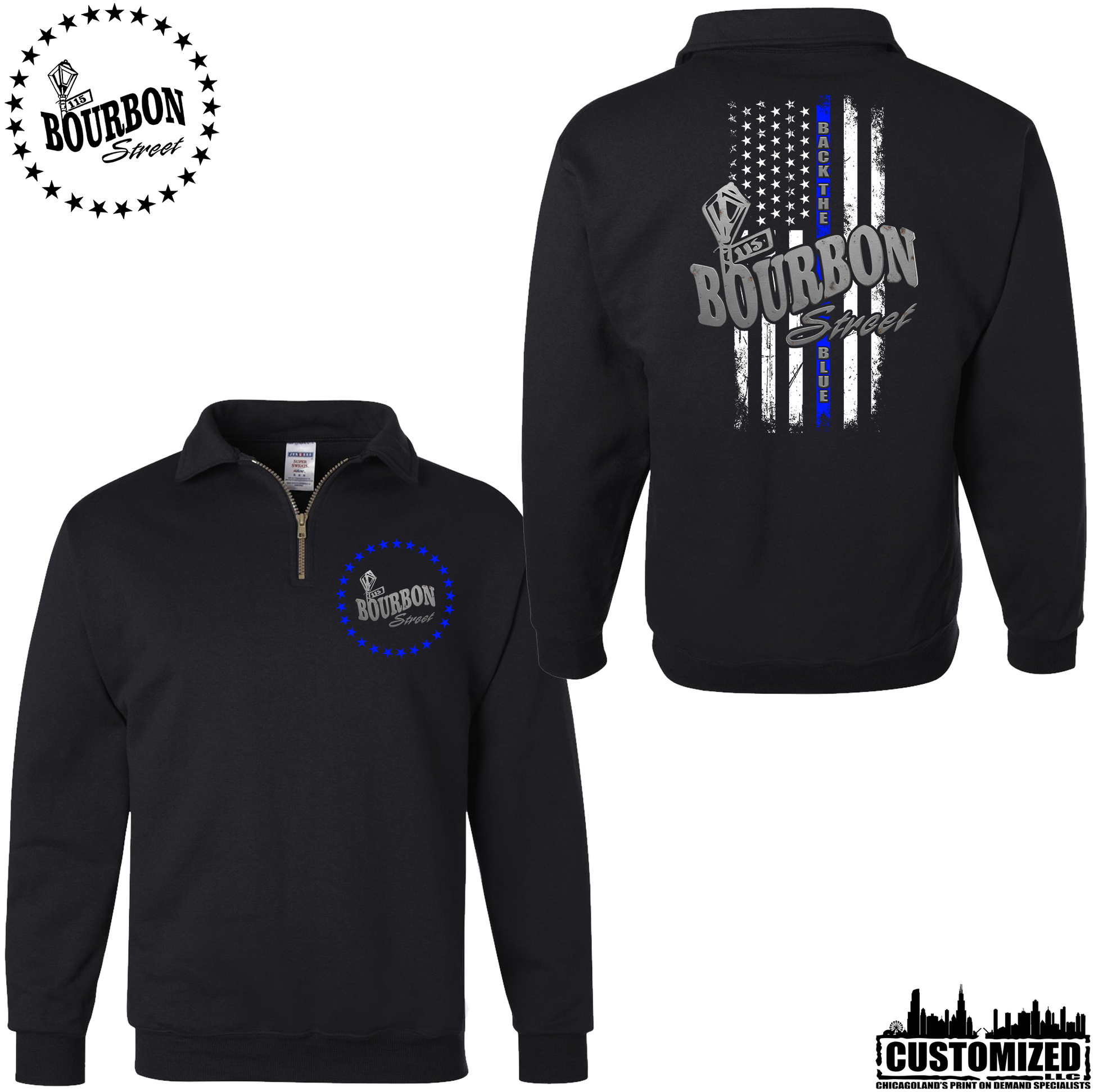 115 Bourbon Street Thin Blue Line Quarter Zip Sweatshirt - Black