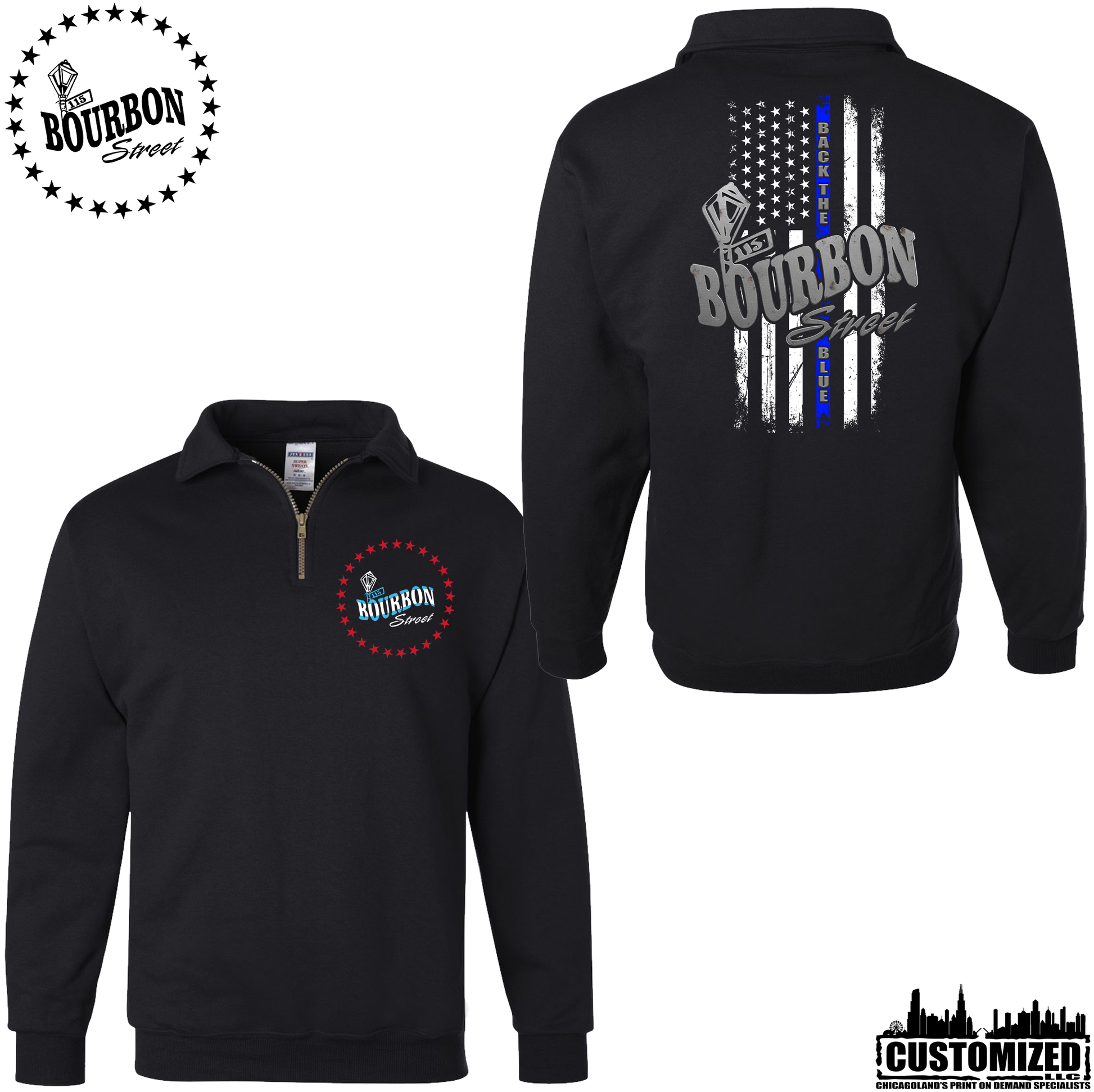 115 Bourbon Street Chicago Edition Thin Blue Line Quarter Zip Sweatshirt - Black