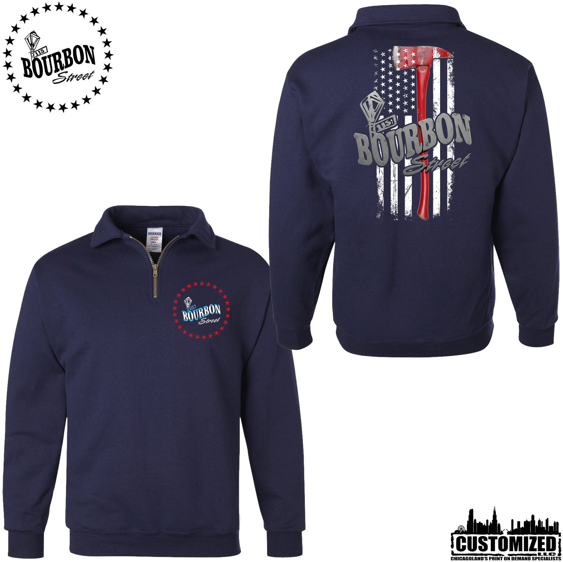 115 Bourbon Street Chicago Edition Thin Red Line Quarter Zip Sweatshirt - Navy