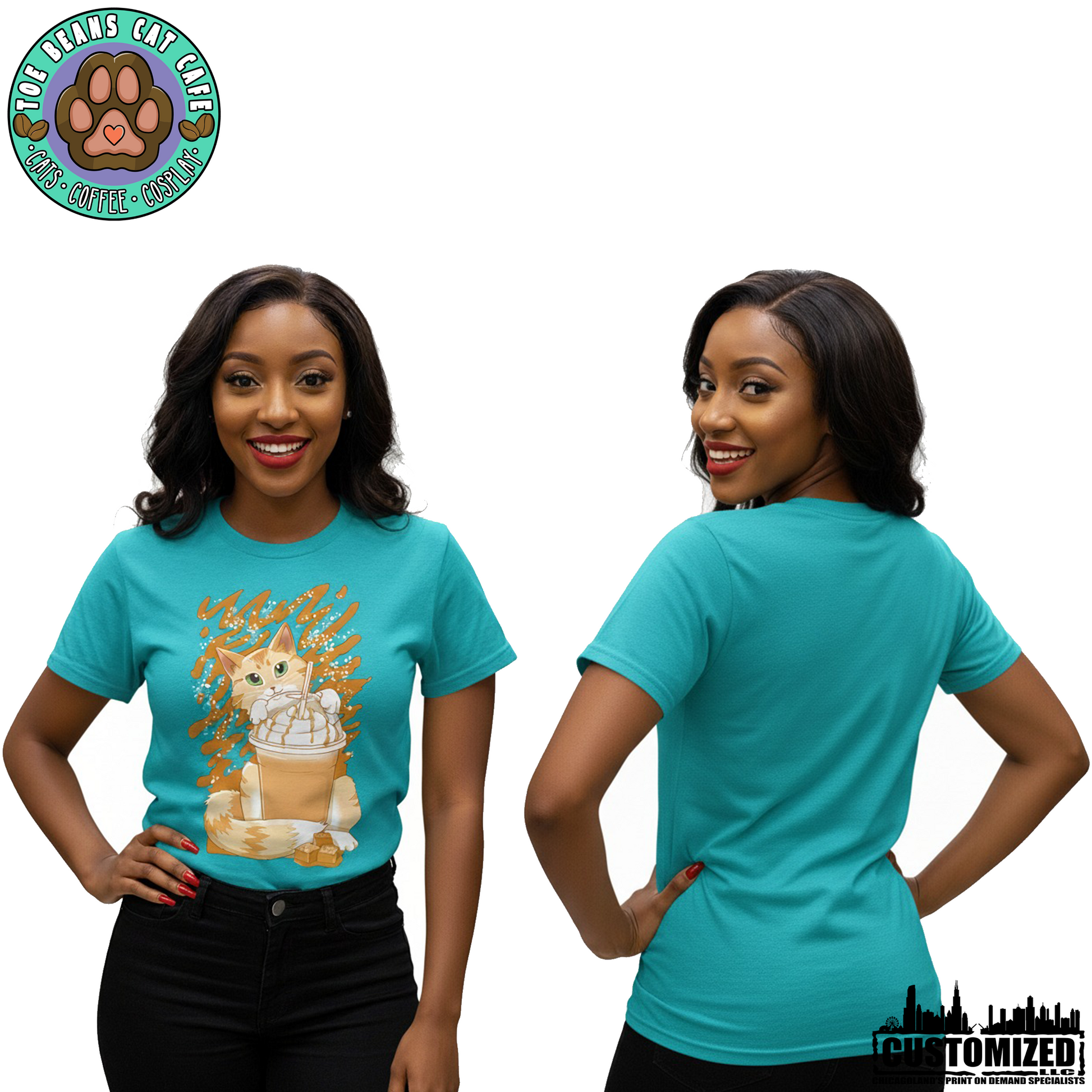 Toe Beans Cat Cafe "Caramel Cat" Short Sleeve - Bondi Blue