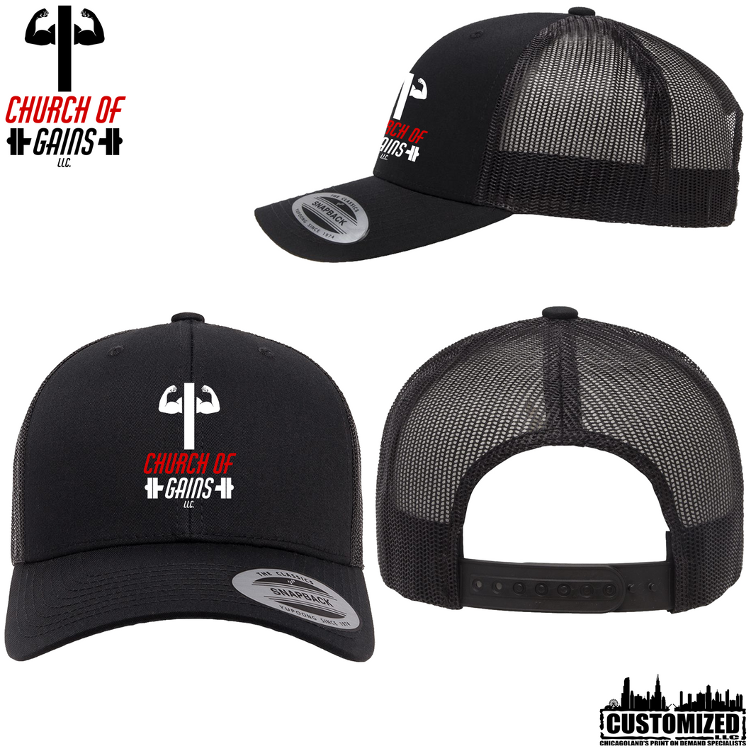 Church of Gains Embroidered Retro Trucker Hat - Black