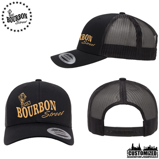 115th Bourbon Street - Embroidered Retro Trucker Hat - Black with Tan Logo