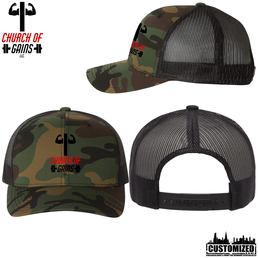 Church of Gains Embroidered Retro Trucker Hat - Camo