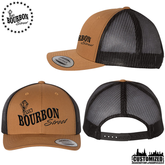 115th Bourbon Street - Embroidered Retro Trucker Hat - Caramel With Black Logo