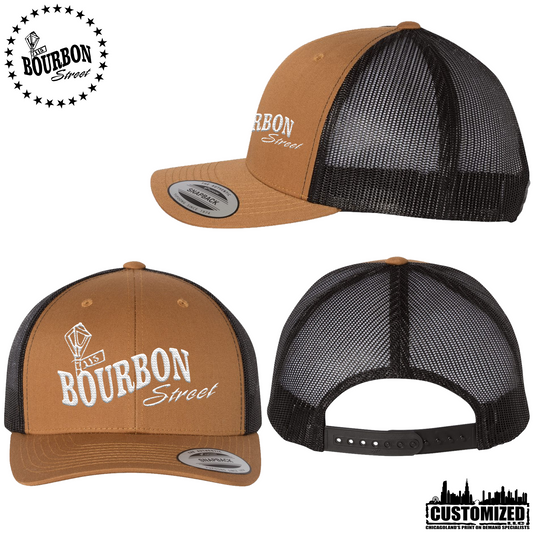 115th Bourbon Street - Embroidered Retro Trucker Hat - Caramel With White Logo