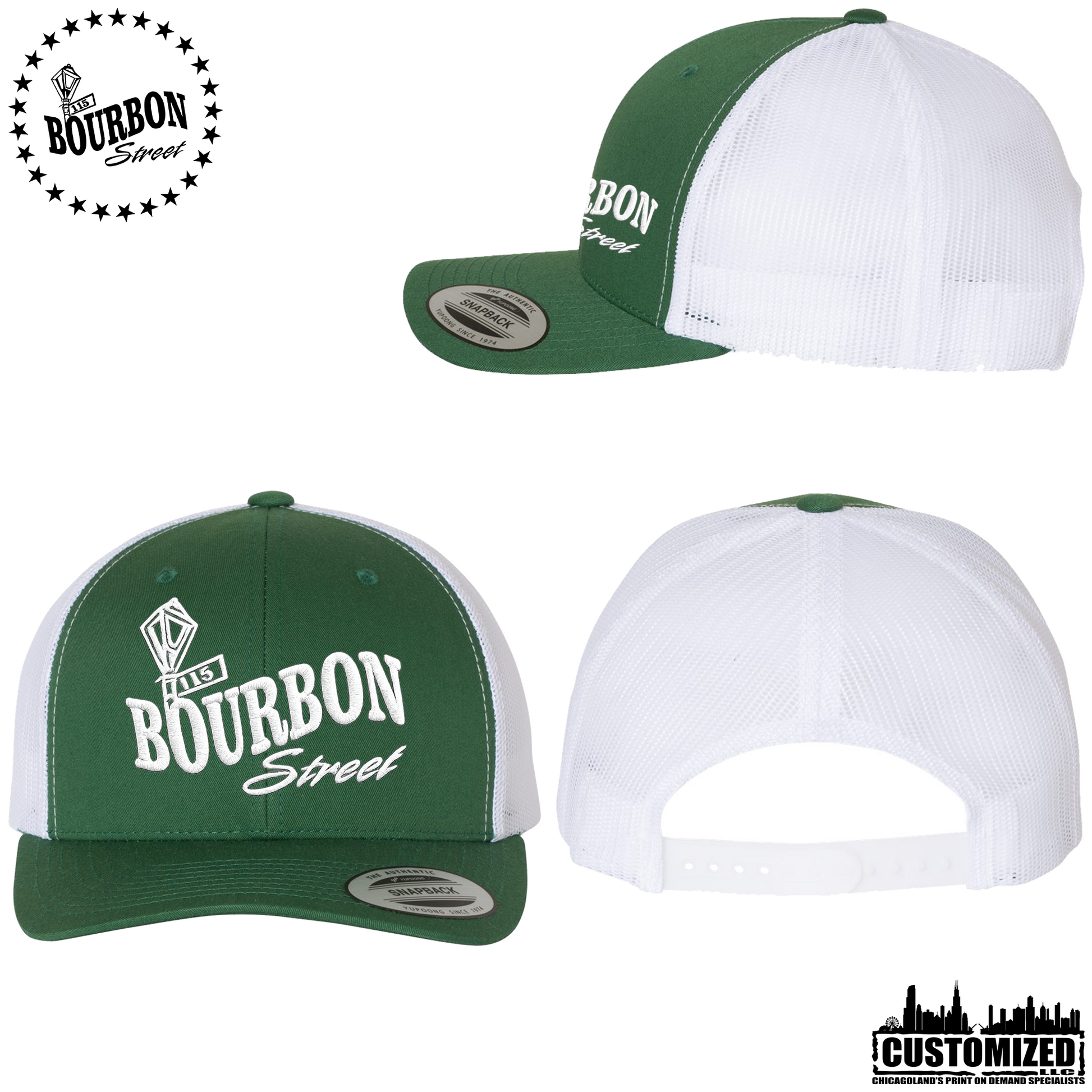 115 Bourbon Street - Embroidered Retro Trucker Hat - Green/White