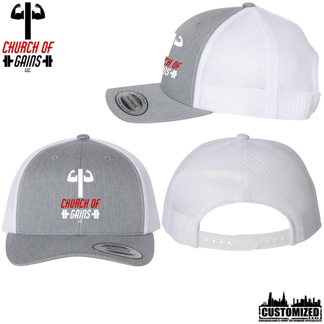 Church of Gains Embroidered Retro Trucker Hat - Heather Grey/White