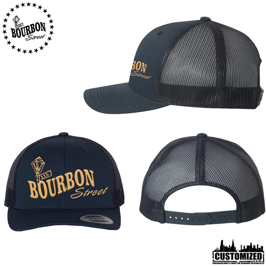 115th Bourbon Street - Embroidered Retro Trucker Hat - Navy with Tan Logo