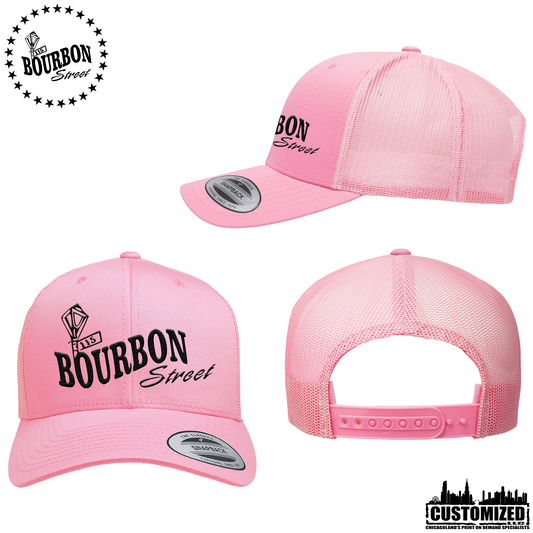 115th Bourbon Street - Embroidered Retro Trucker Hat - Pink With Black Logo