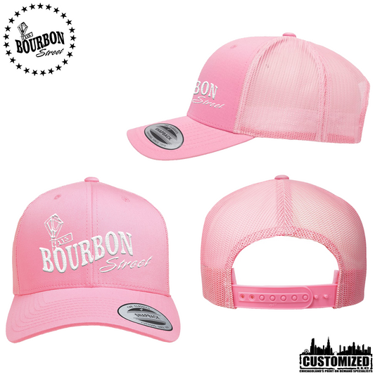 115th Bourbon Street - Embroidered Retro Trucker Hat - Pink With White Logo