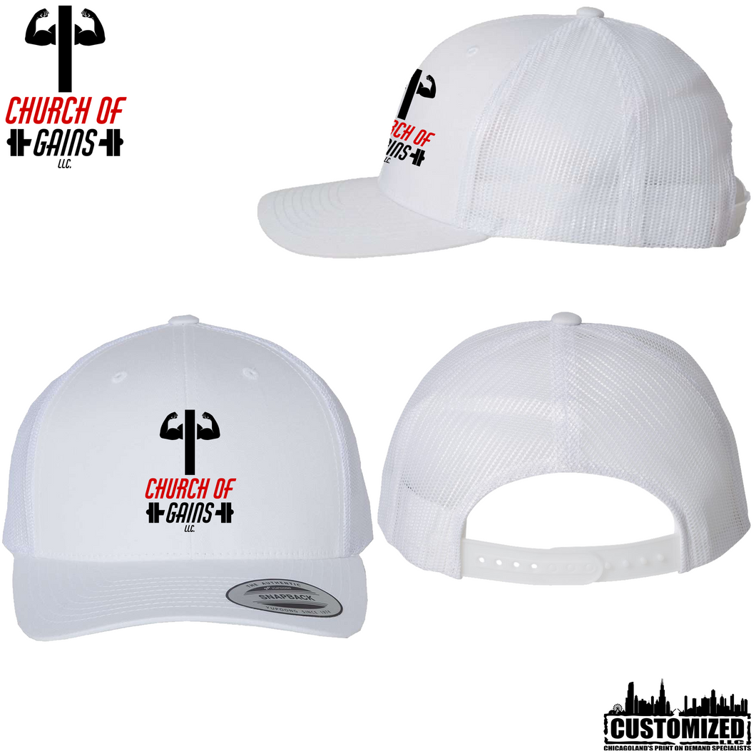 Church of Gains Embroidered Retro Trucker Hat - White