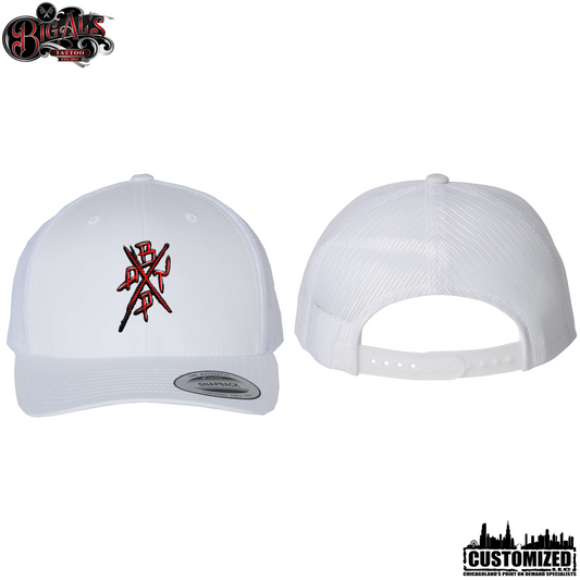 Big Al's Tattoo Embroidered "No Cry Babies" Retro Trucker Hat - White
