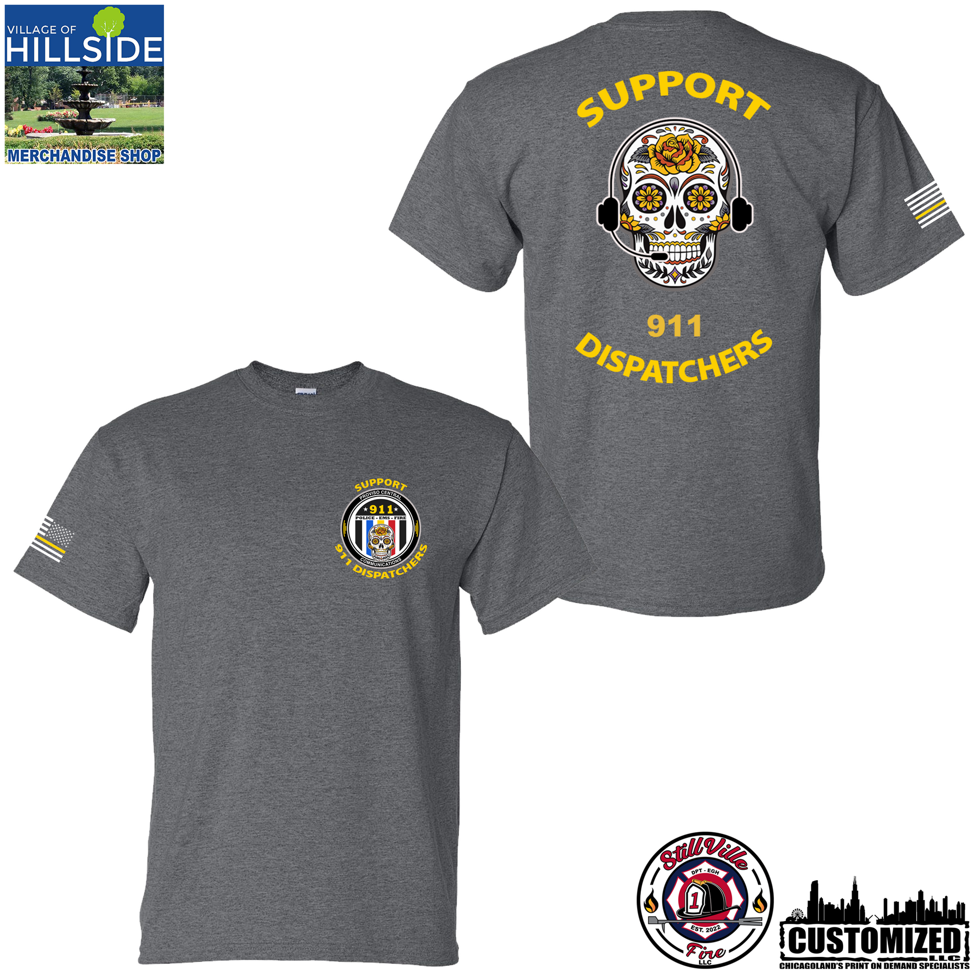 Village of Hillside "Support 911 Dispatchers" Gildan Short sleeve - Dark Heather