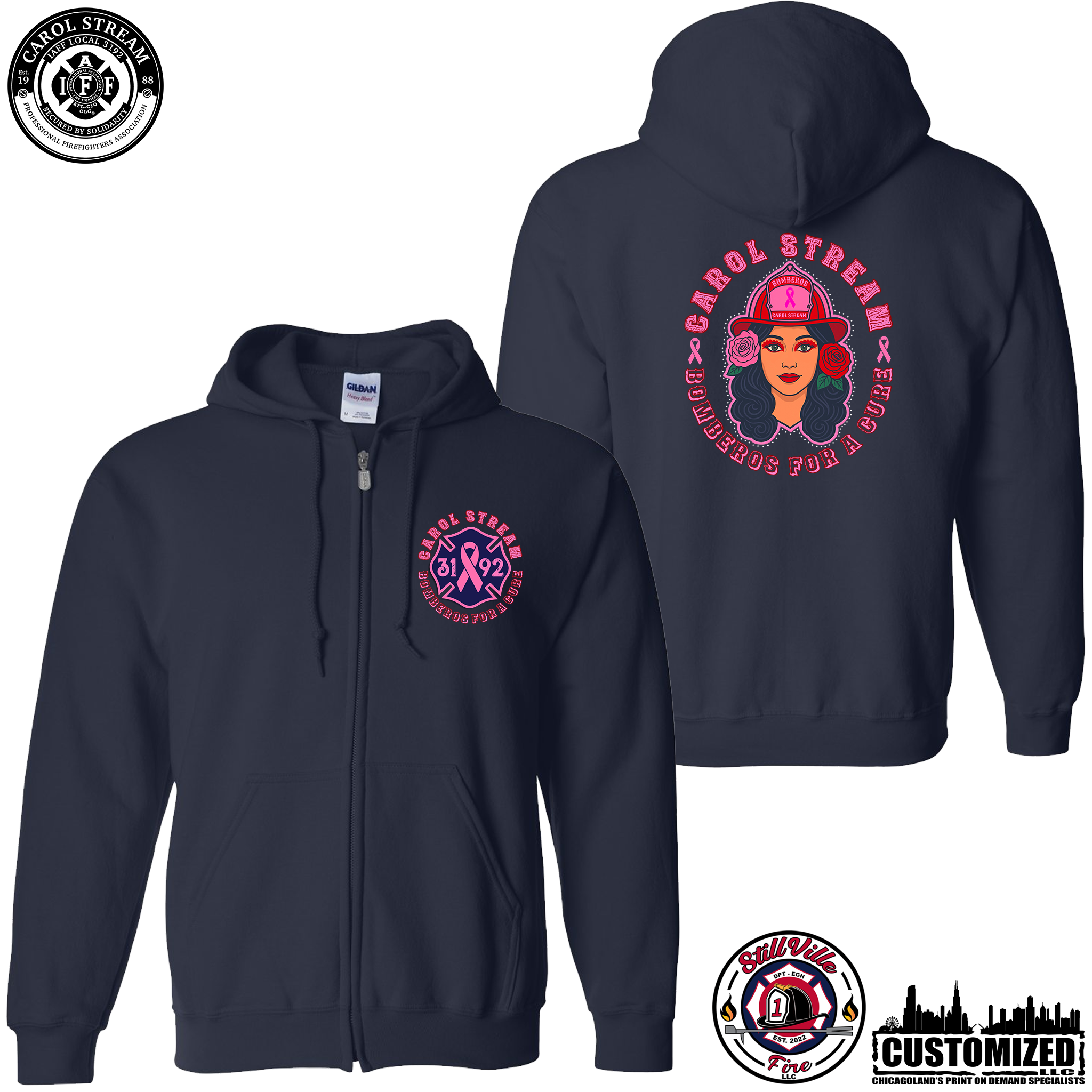 Carol Stream FD "Bomberos for a Cure" Gildan Full Zip Pullover - Navy