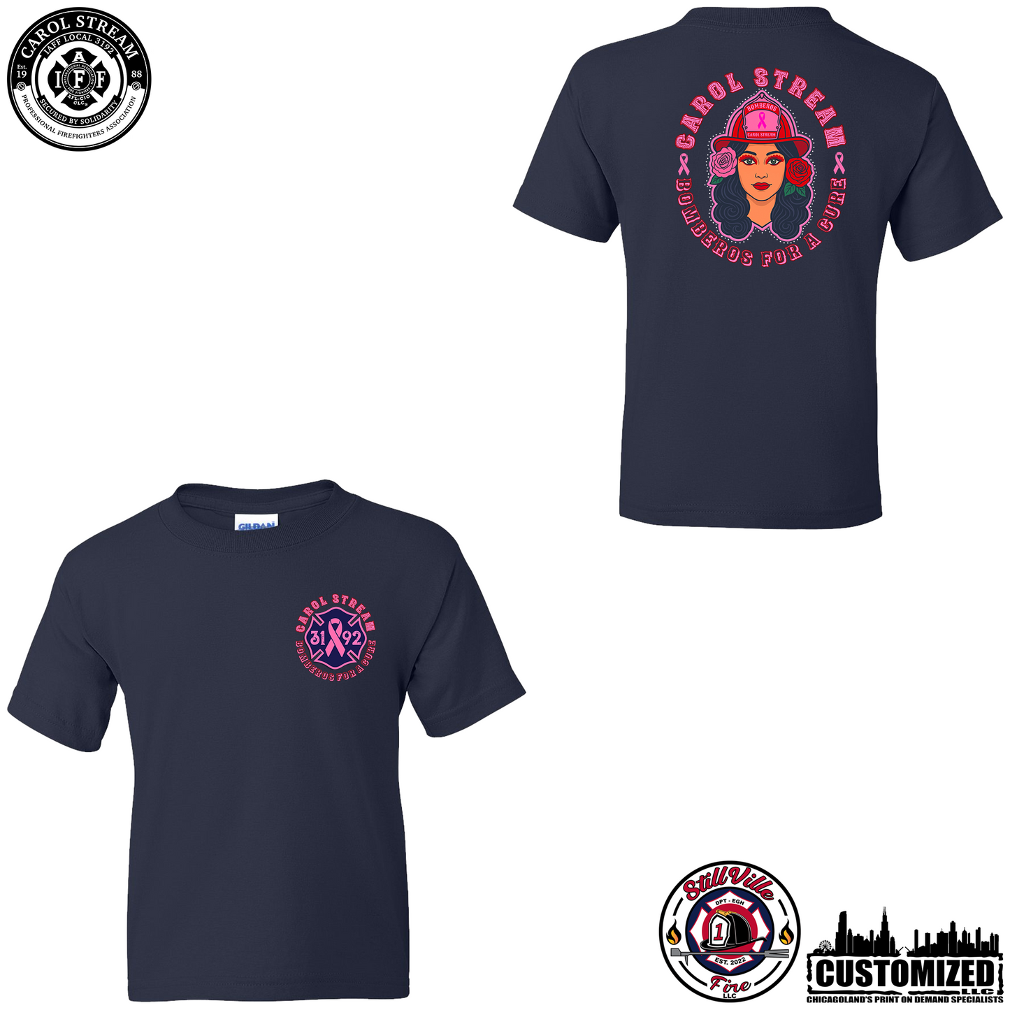 Carol Stream FD "Bomberos for a Cure" Gildan YOUTH Short Sleeve - Navy