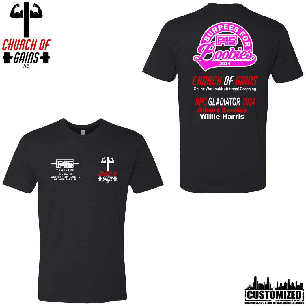 Church of Gains/F45 - Burpees for Boobies - Black Short sleeve shirt