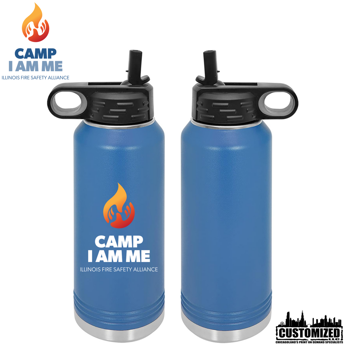 Front and back mockup of Camp I Am Me logo 32 oz water bottle in royal blue