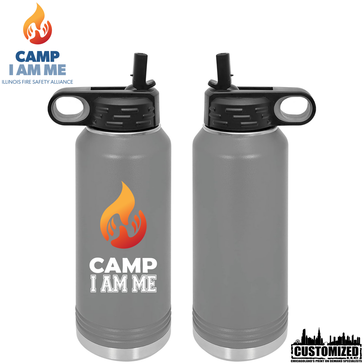 Front and back mockup of Camp I Am Me Camp Fire 32 oz water bottle in grey