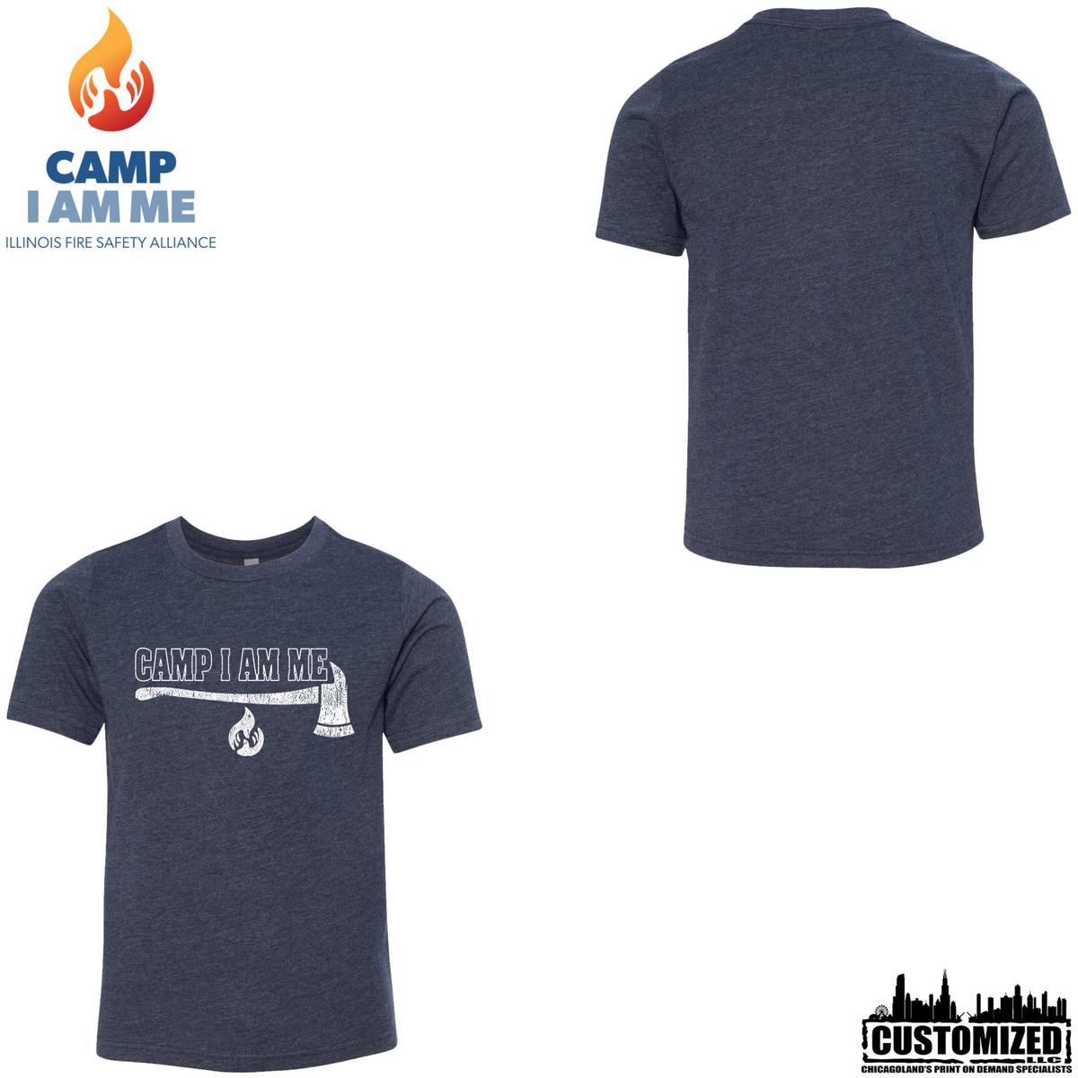 Front and back mockup of Camp I Am Me youth Fire Dept. T-shirt in midnight navy