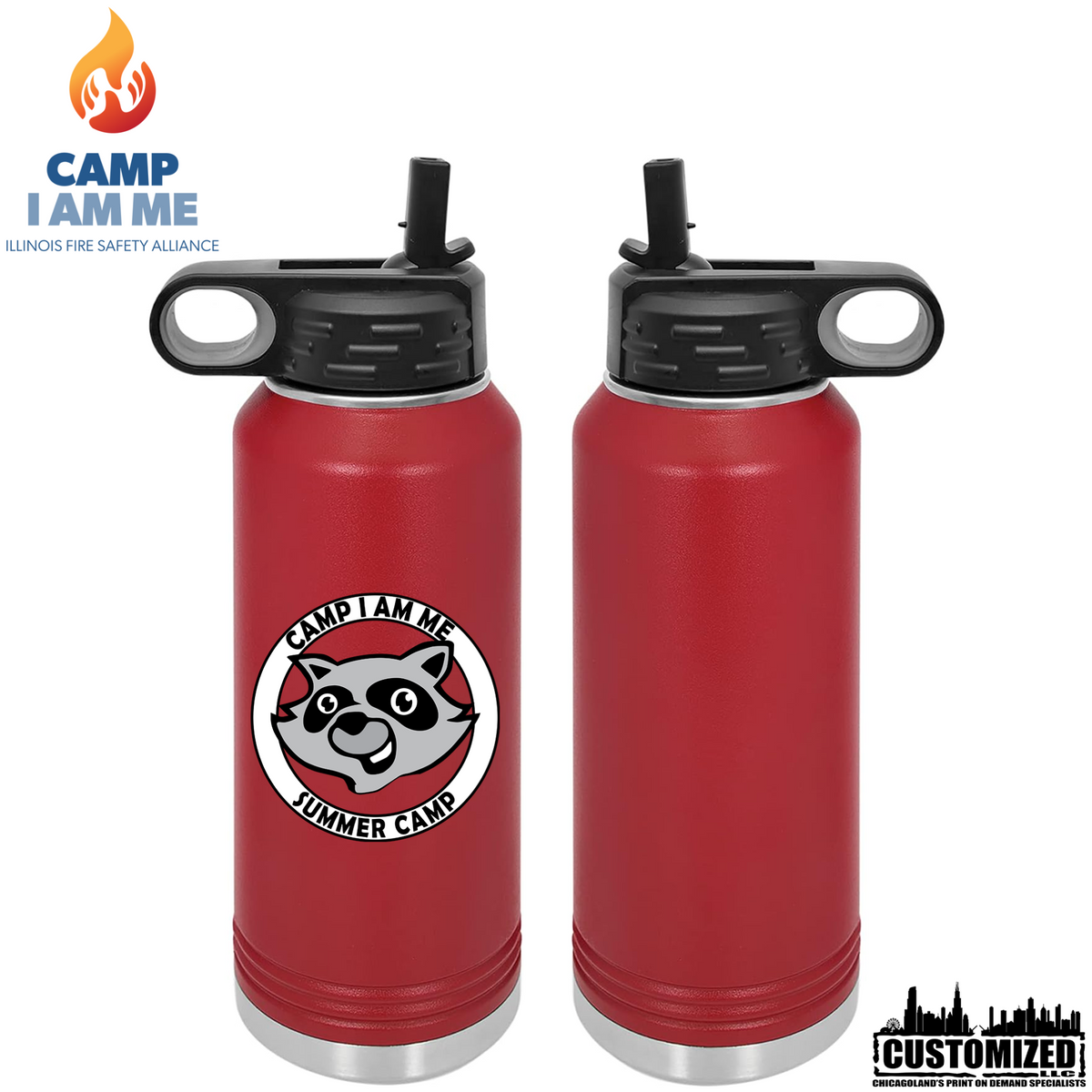 Front and back mockup of Camp I Am Me Raccoon 32 oz water bottle in maroon
