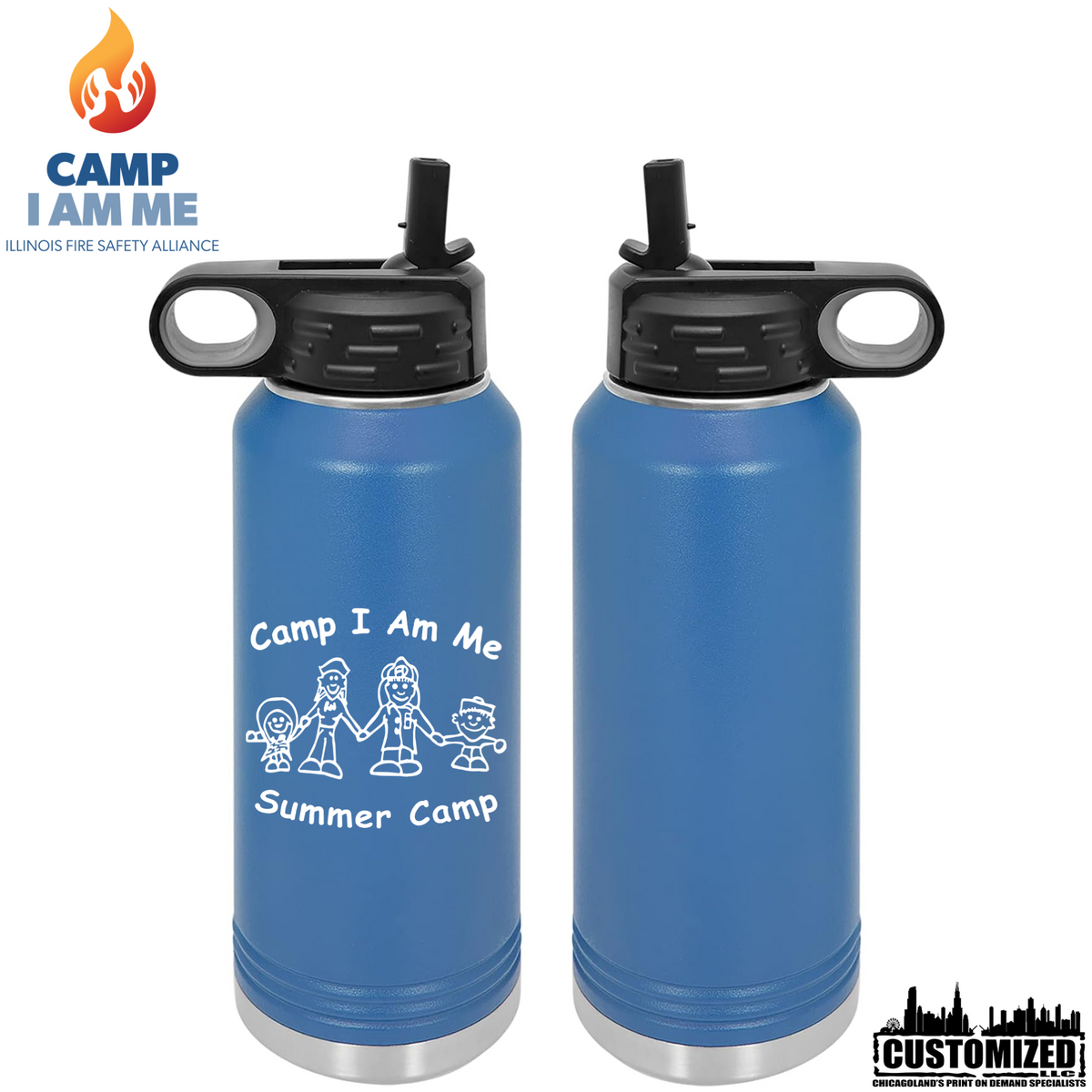Front and back mockup of Camp I Am Me Summer Camp Style 1 32 oz water bottle in royal blue