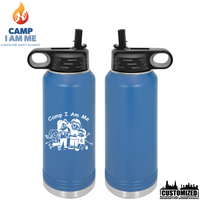 Front and back mockup of Camp I Am Me Summer Camp Style 3 32 oz water bottle in royal blue