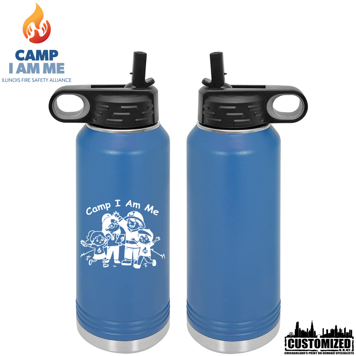 Front and back mockup of Camp I Am Me Summer Camp Style 3 32 oz water bottle in royal blue