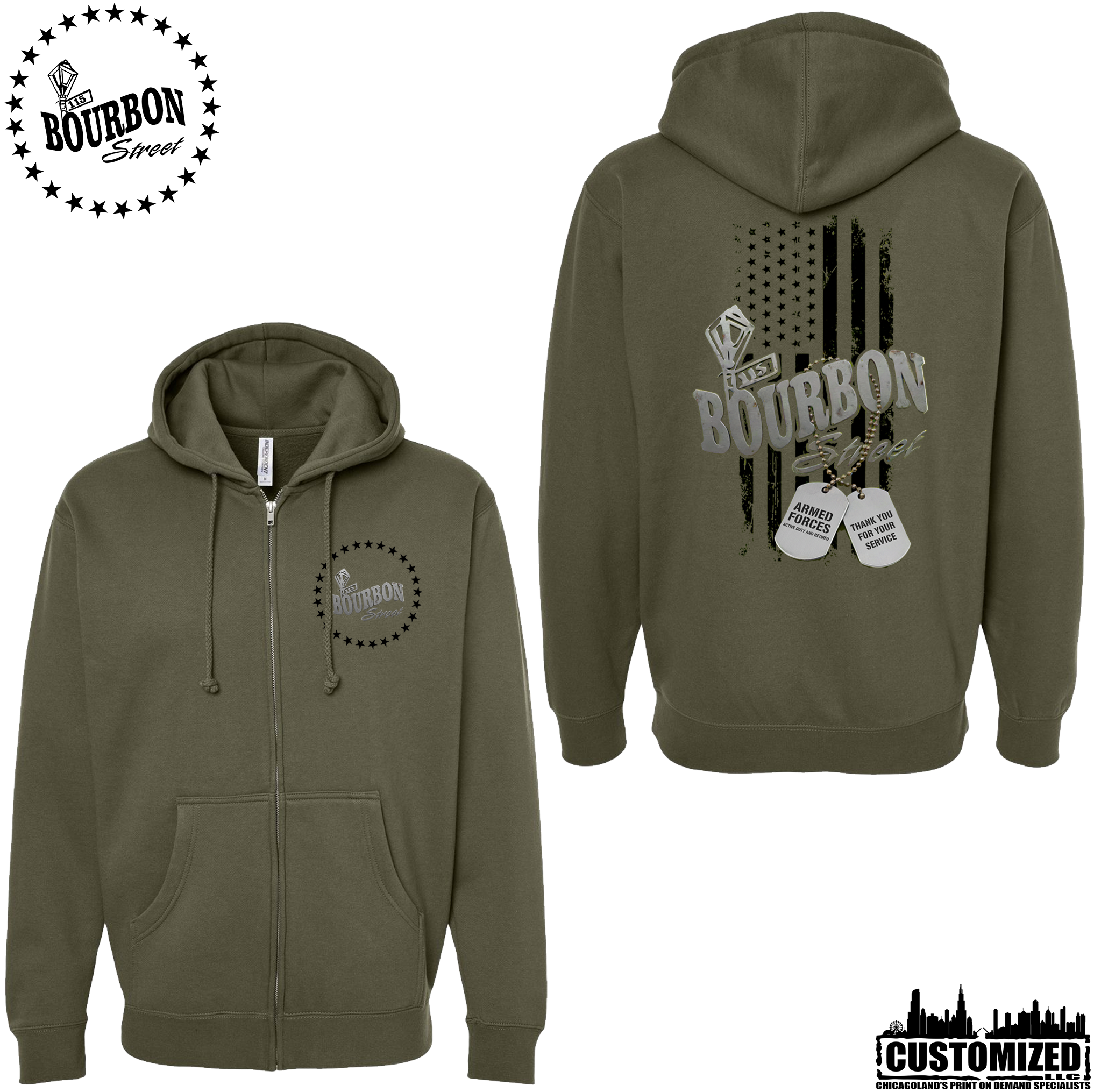 115 Bourbon Street Freedom Tribute Heavyweight Full Zip Hoodie - Army