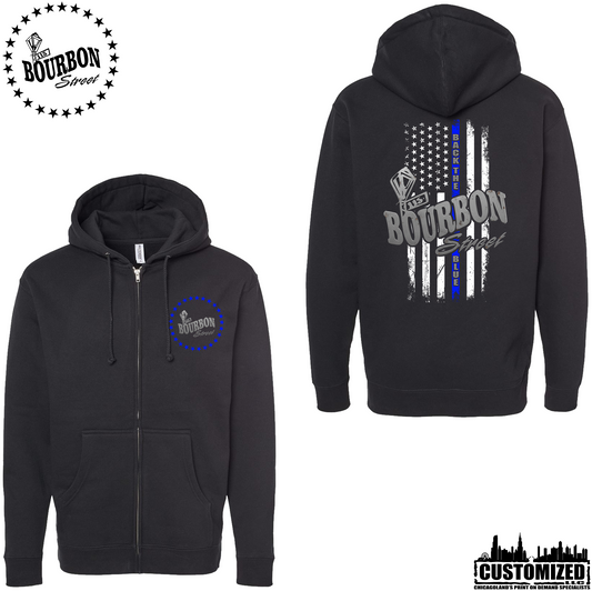 115 Bourbon Street Thin Blue Line Heavyweight Full Zip Hoodie - Black