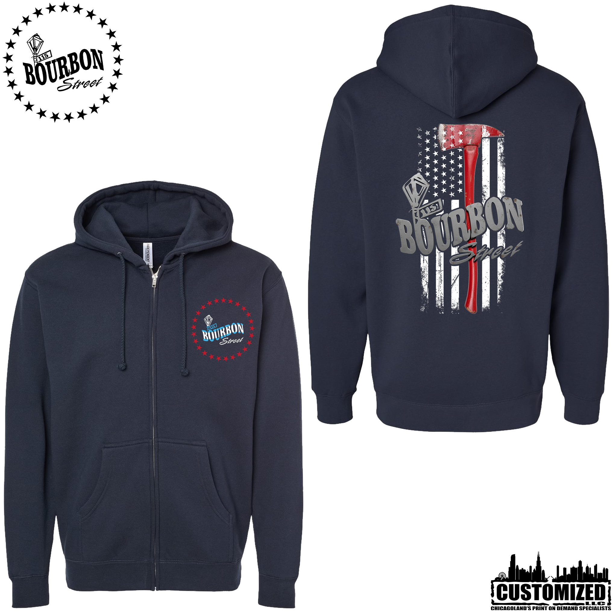 115 Bourbon Street Chicago Edition Thin Red Line Heavyweight Full Zip Hoodie - Navy